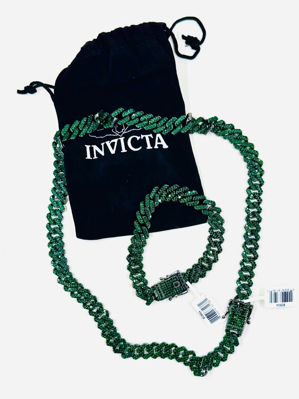 Invicta Elements Emerald Green Pave Rhinestone Cuban Link Necklace Bracelet NWT